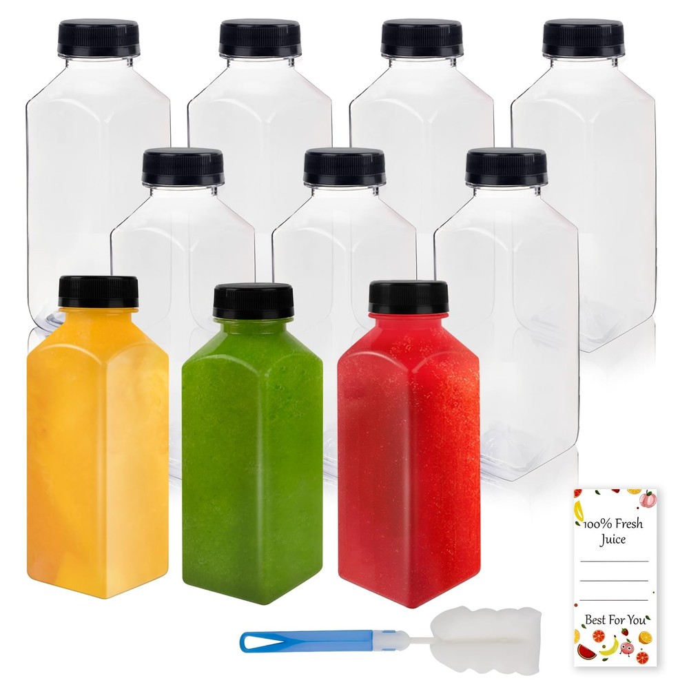 Lissomballon 10 Pcs 12oz Plastic Juice Bottles With Caps, Reusable Food Clear
