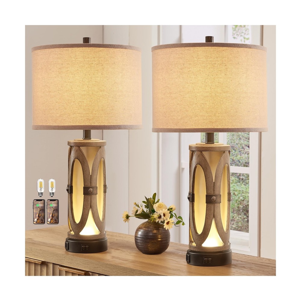 Table Lamps Set of 2 for Living Room, Rustic Farmhouse Bedroom Nightstand Lam...