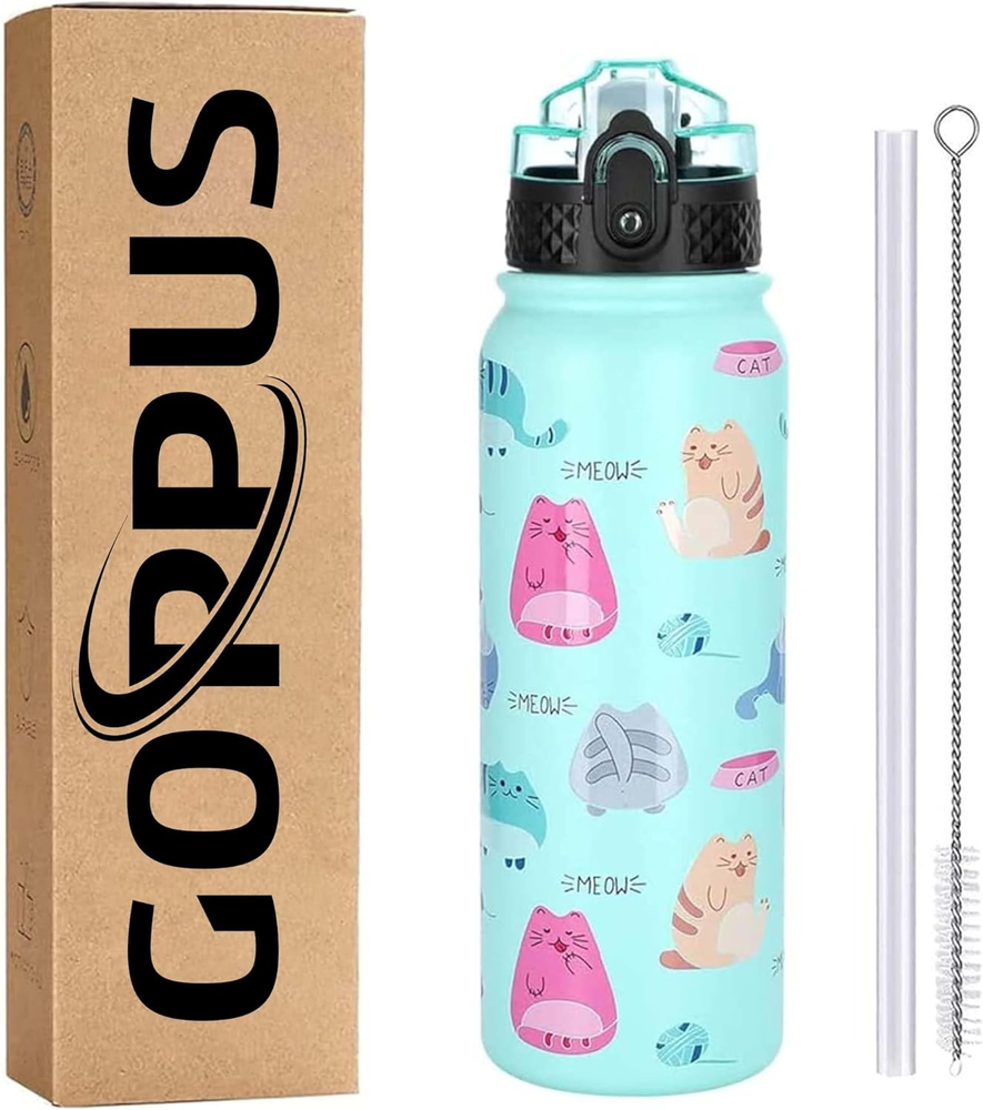 Kids Water Bottle with Straw Lid 20 Oz Cat Printing Double Walled Metal Insulate