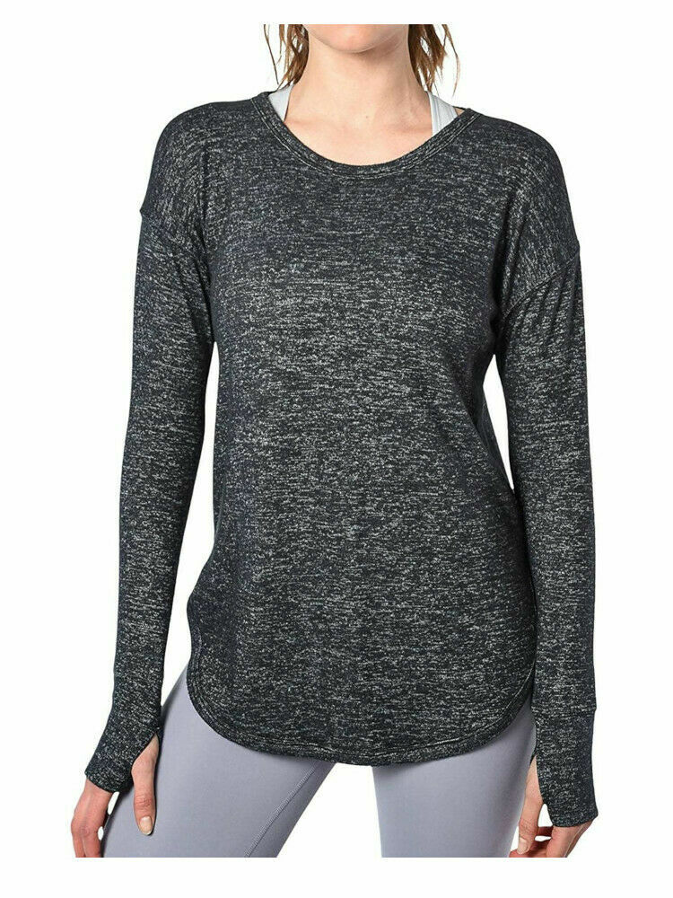 Women's Long Sleeve Soft Heather Top with Thumb Holes - Black Heather, Small-image