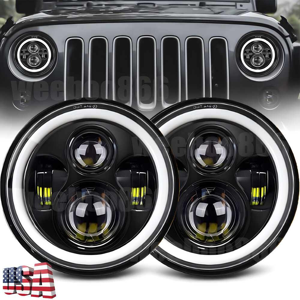 7 Inch LED Headlights Round Halo Angel Eyes DRL Amber Turn Signal Lights 2pc