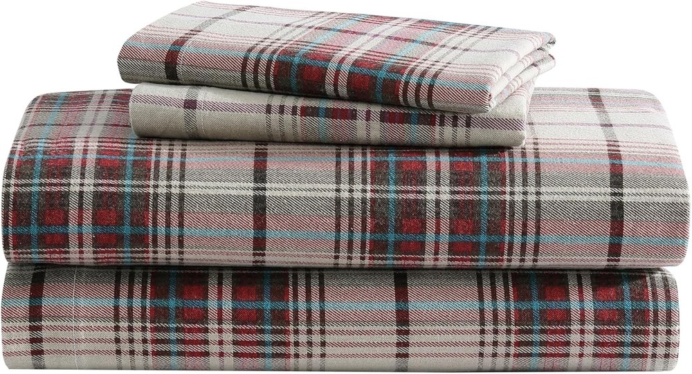 Eddie Bauer Flannel Sheets Queen Cotton Anti-Pilling Wrinkle Resistant Plaid Red
