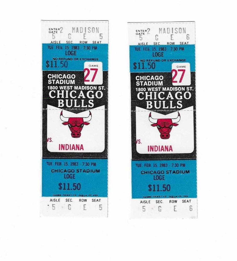 Chicago Bulls vs Indiana Pacers Unused Basketball Tickets From 2/15/1983