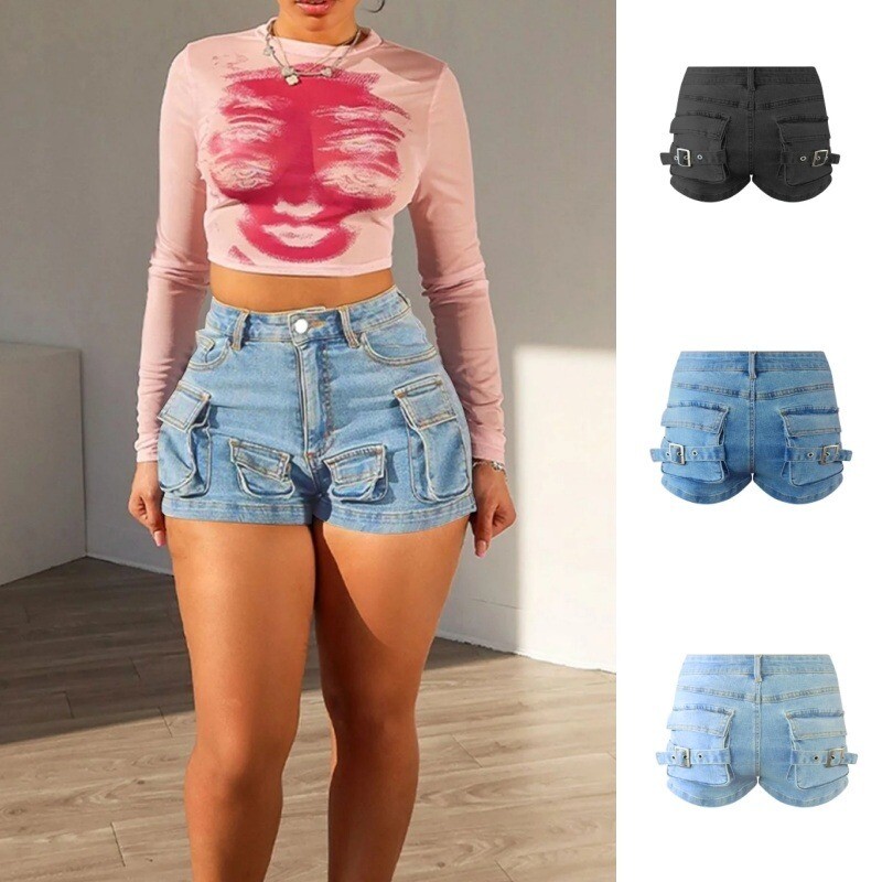 Women's Low-Rise Denim Shorts Multiple Pockets-Casual Cargo Style, Stretch Blend
