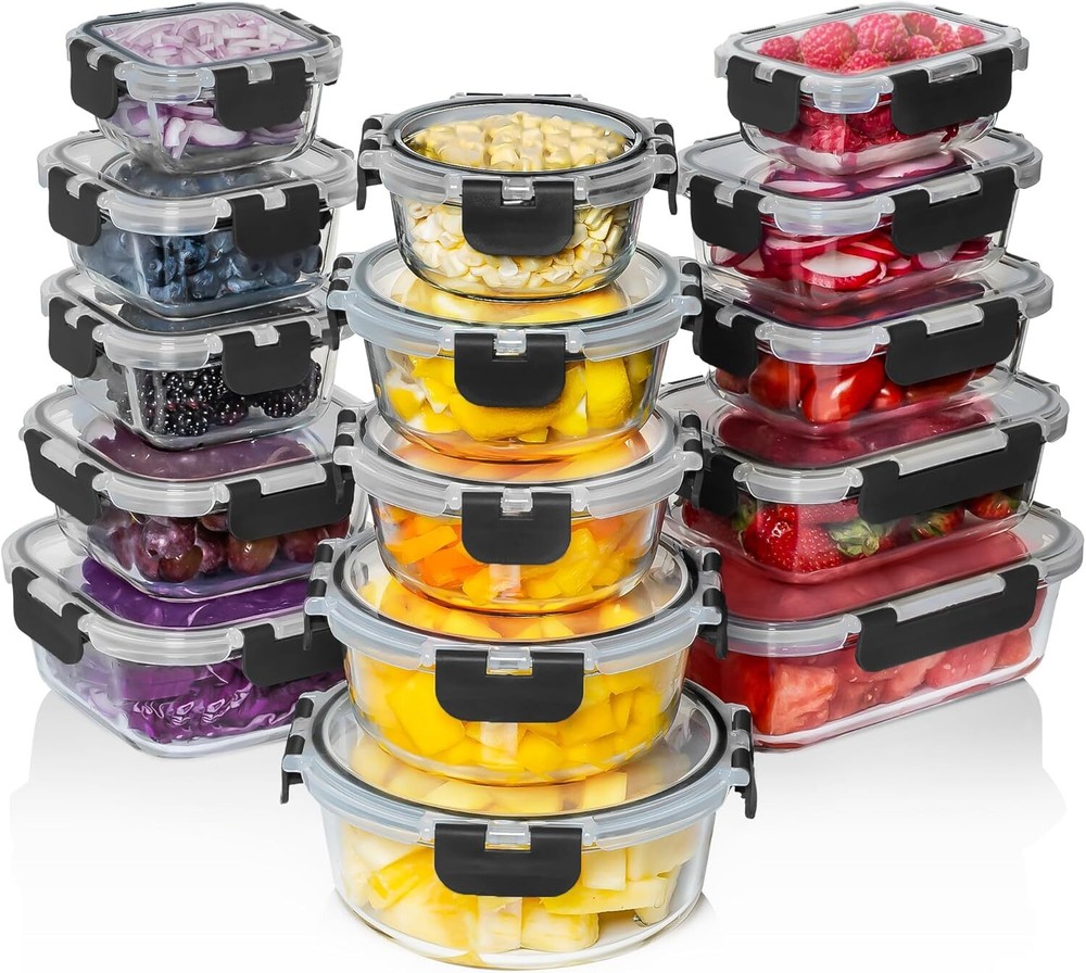 30-Piece Razab Glass Food Storage Set with Black Lids - Reusable & Airtight