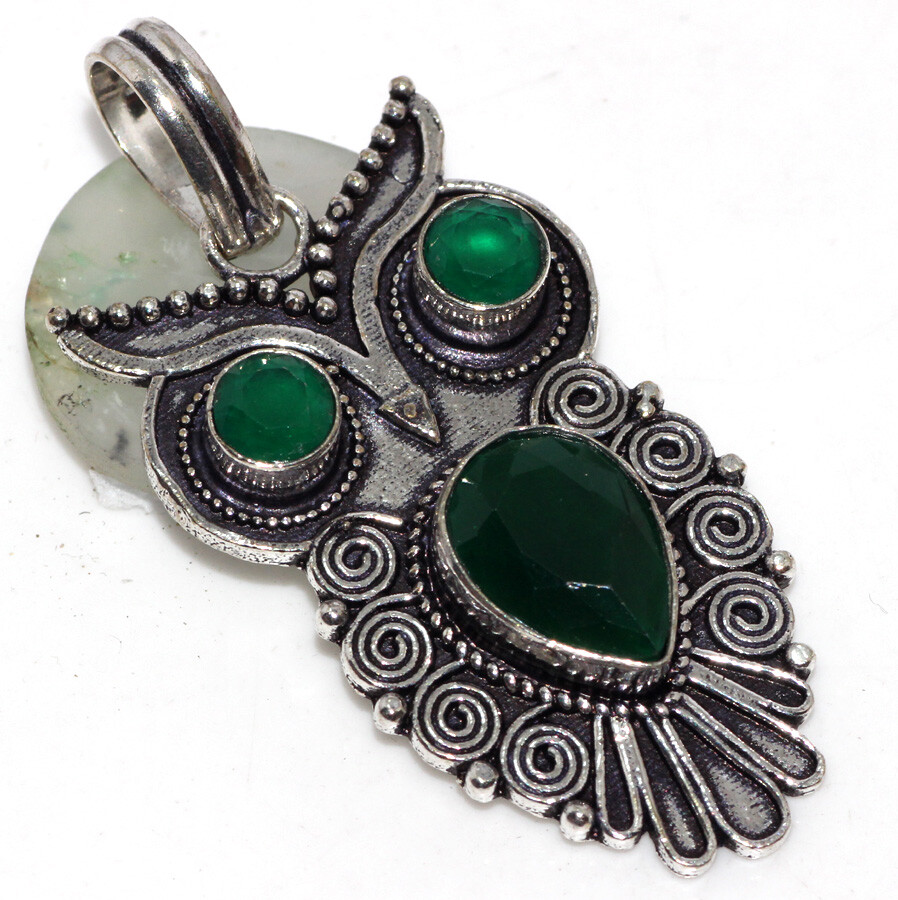 Green Onyx Owl Pendant in 925 Silver Plated Handmade Jewelry 2.2 Inch Limited Edition Gift