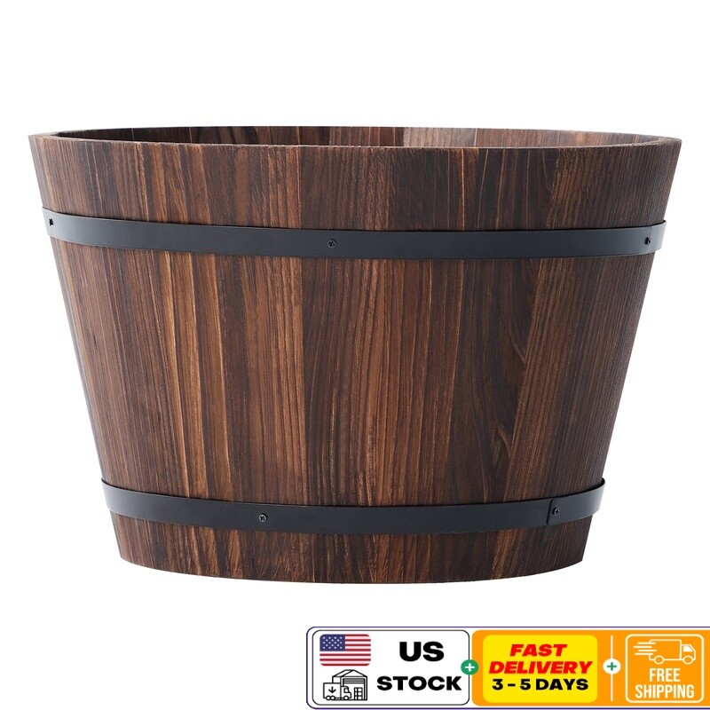 17in Rustic Wood Whiskey Barrel Planter with Weather-Resistant Iron Base