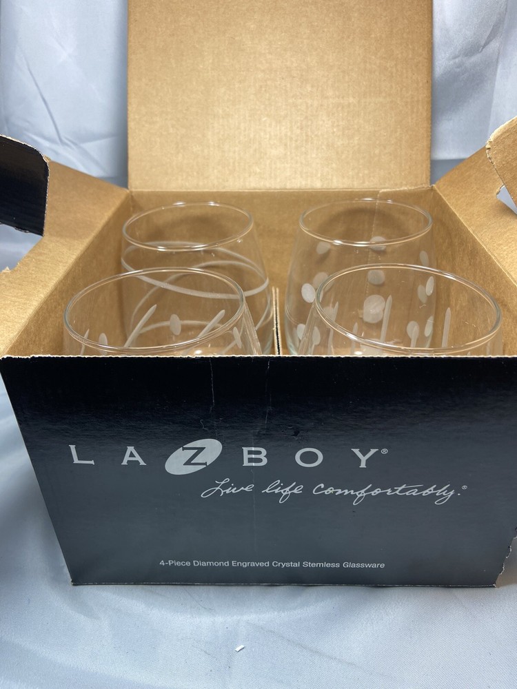 Lazboy 4 Piece Set Clear  Diamond Engraved Crystal Stemless Wine Glasses