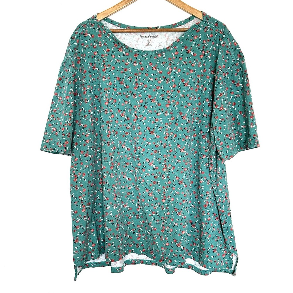 Woman Within Plus Shirt Women’s 2X Green Floral Cotton Short Sleeve Pullover Top