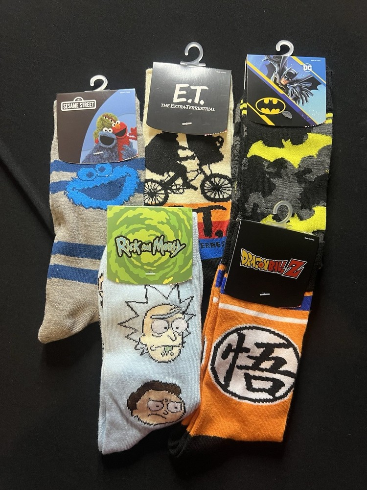 5 New Men's Graphic Crew Socks - DBZ Rick and Morty ET Batman Sesame Street