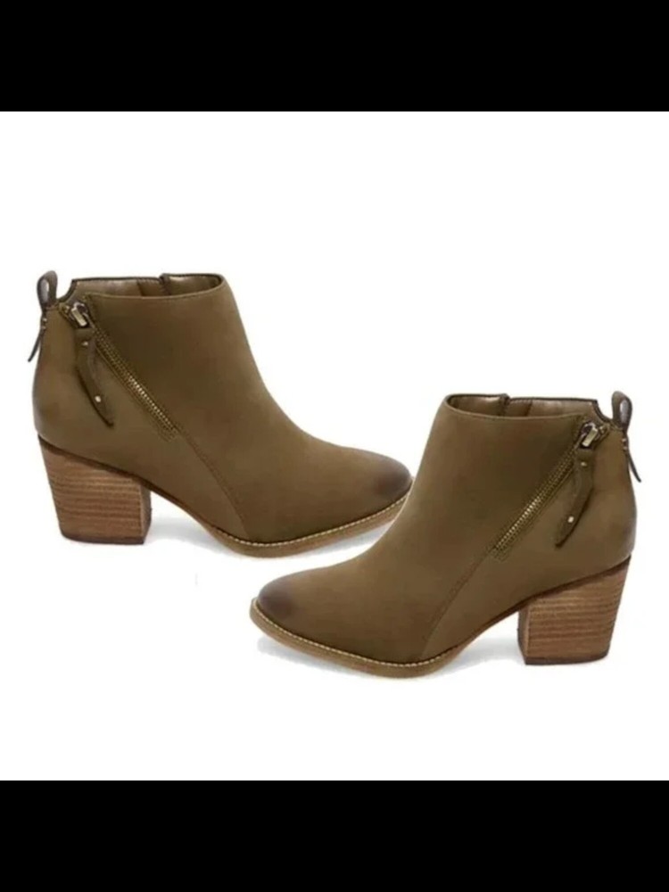 AQUA COLLEGE Womens Green Back Nancy Toe Block Heel Leather Booties 7 M