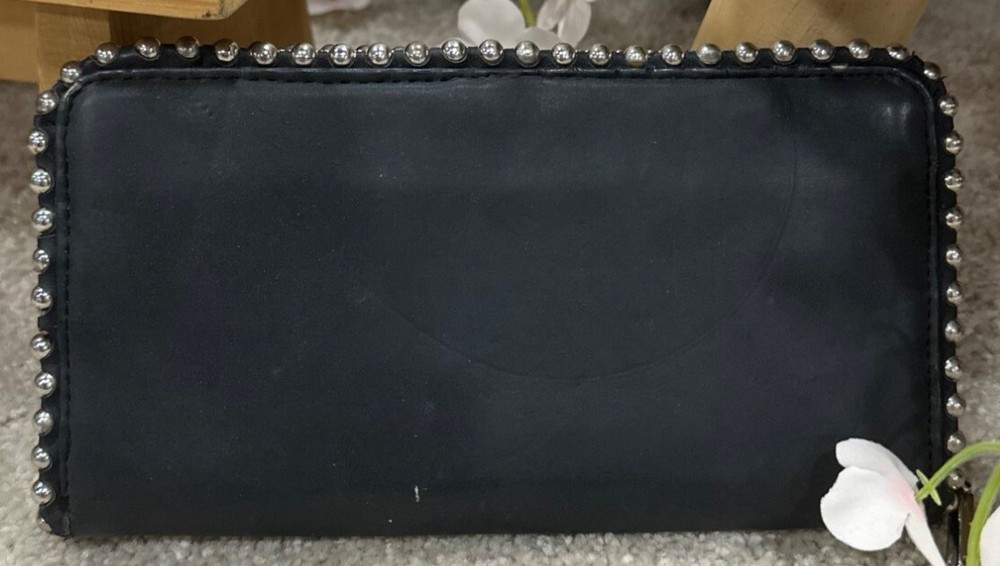 Black Studded Leather Zipper Wallet With Multiple Compartments - Charming Charli
