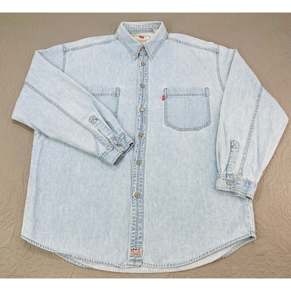 Levis Denim Shirt Light Wash Men X Large Western Red Tab Y2K Long Sleeve Classic