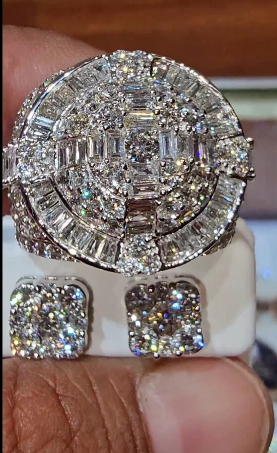 5Ct Round Real Moissanite Men's Ring & Earrings 14K White Gold Plated All Size7