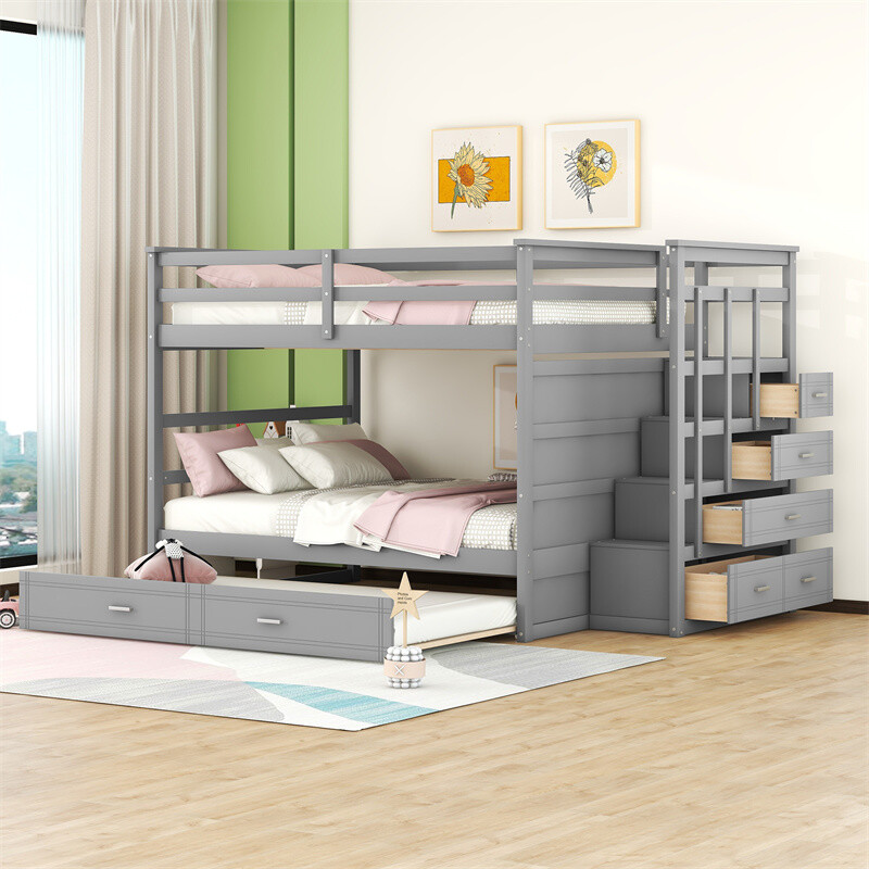 Full-over-Full Bunk Bed with Twin Size Trundle and 3 Storage Stairs Gray