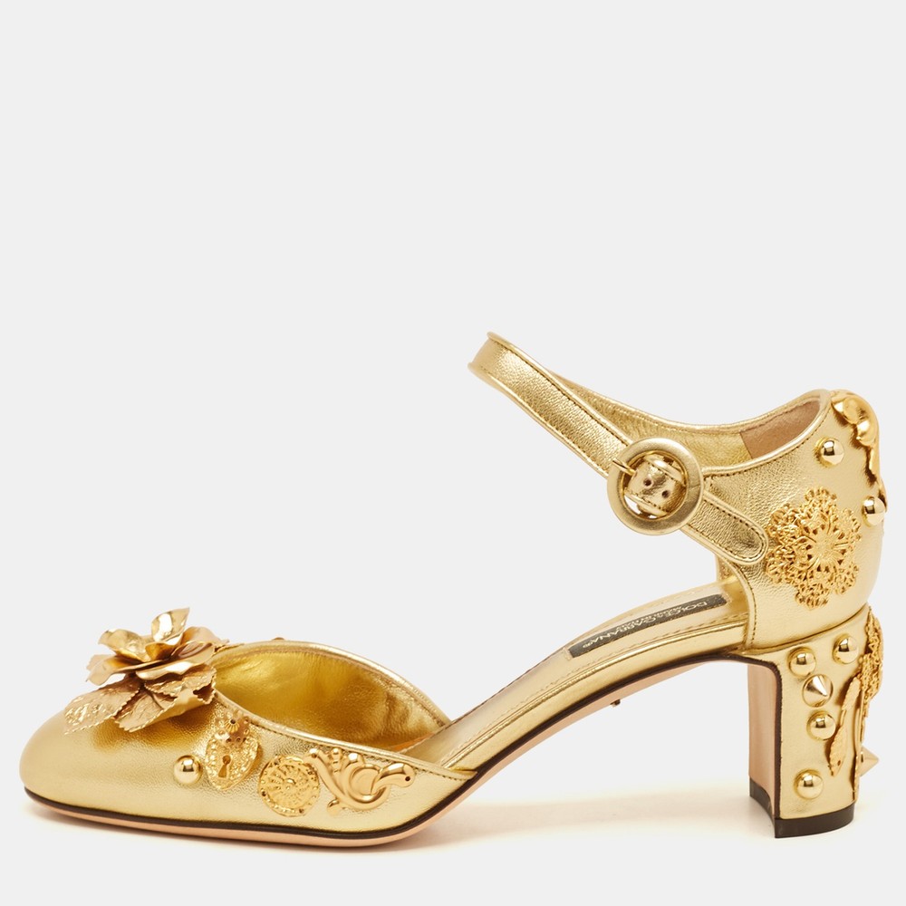 Dolce & Gabbana Gold Embellished Leather Ankle Strap Sandals Size 35
