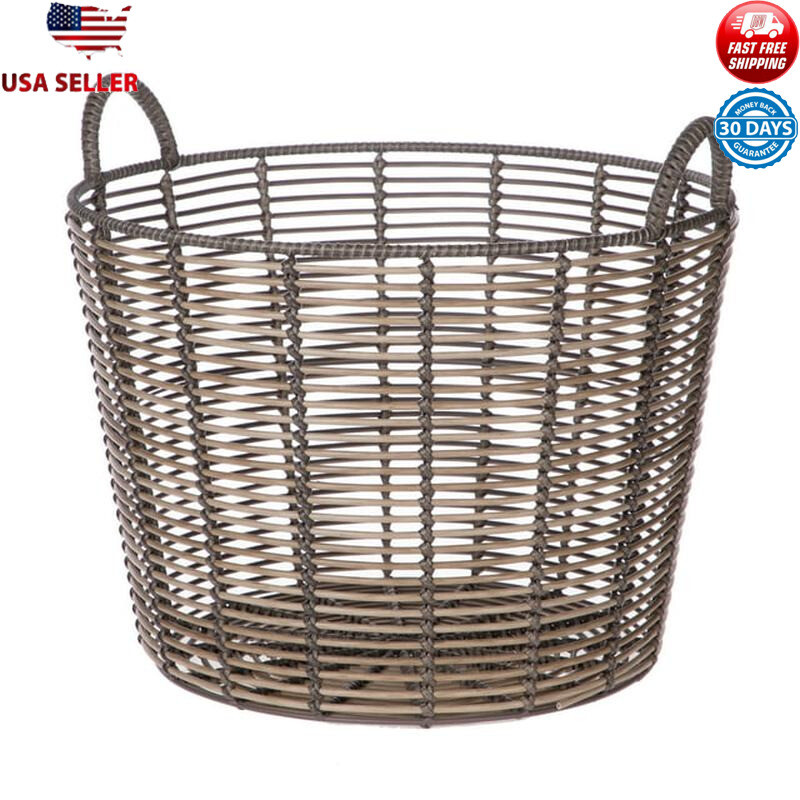 Round Poly Rattan Storage Basket W/ Handles Extra Large Decorative Organizer New