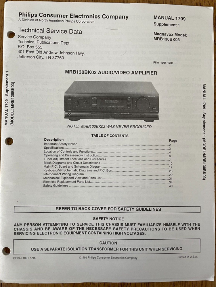 PHILIPS 1709 MRB130BK01 SUPPLEMENT 1 AMPLIFIER ORIGINAL REPAIR MANUAL