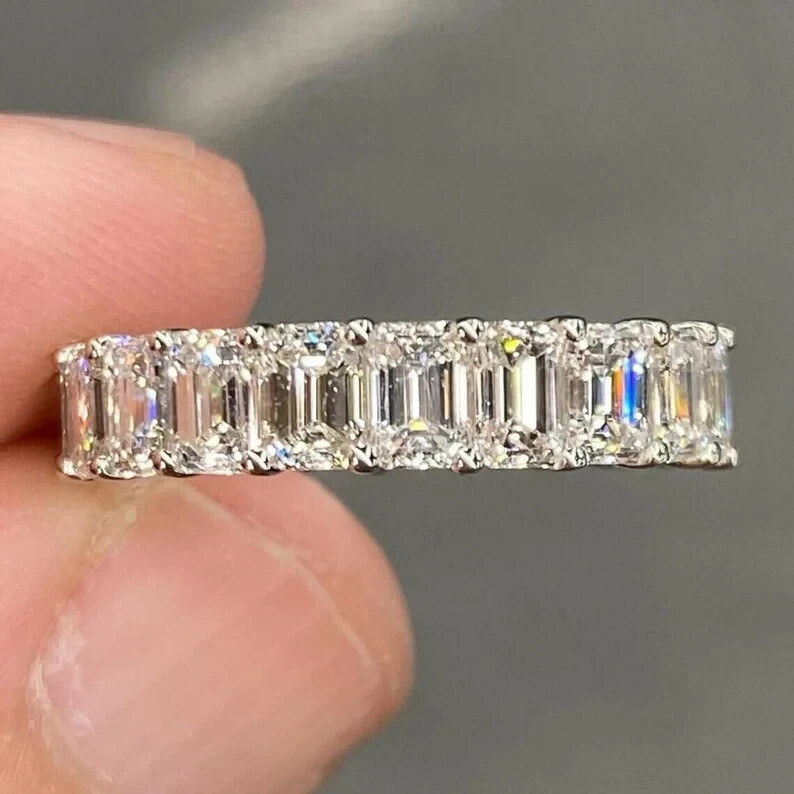4.5Ct Emerald Cut Simulated Diamond Full Eternity Band Ring 14k White Gold Over