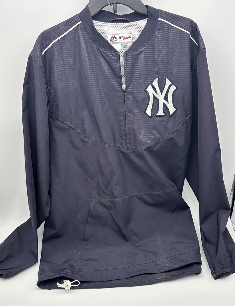 VTG New York Yankees Majestic Mens Size L Cool Base 1/4 Zip Warm-Up Jacket Navy