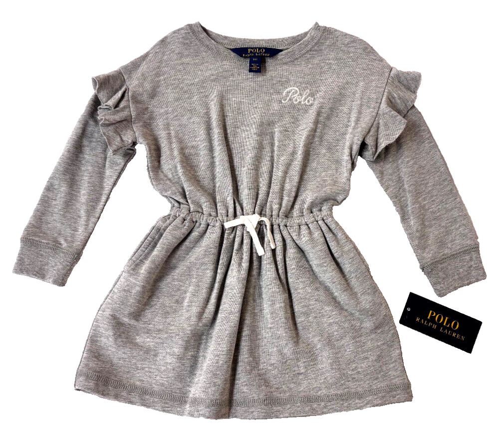 Polo Ralph Lauren Girls French Terry Ruffle Pocketed Dress Light Grey 2/2T NWT