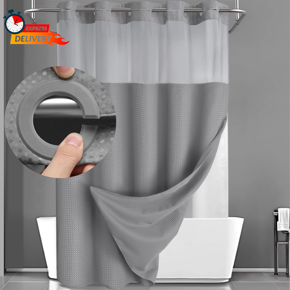 Yellyhommy Snap-in Shower Curtain Set with Grey Waffle Liner No Hook Design