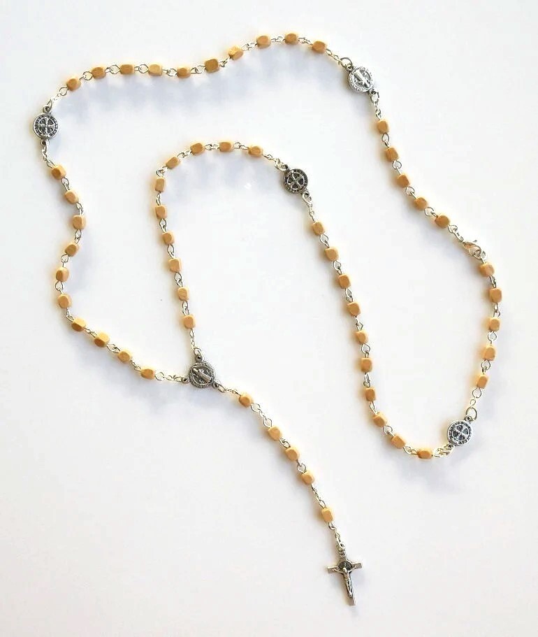 St Benedict Brown Wood Square Bead Rosary Necklace with Clasp