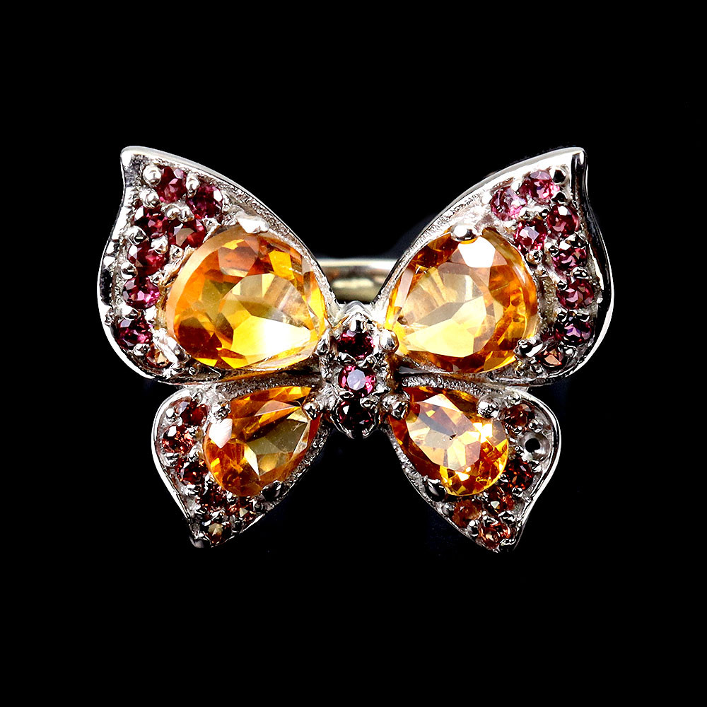 925 Sterling Silver Butterfly Ring with Pear Citrine and Sapphire Gemstones Size 8