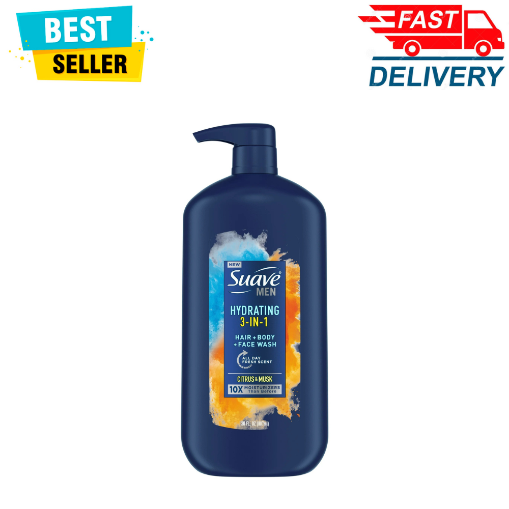 Suave Men 3 in 1 Mens Body Wash, Hair, Face & Body Wash, Hydrating, Citrus 30 oz