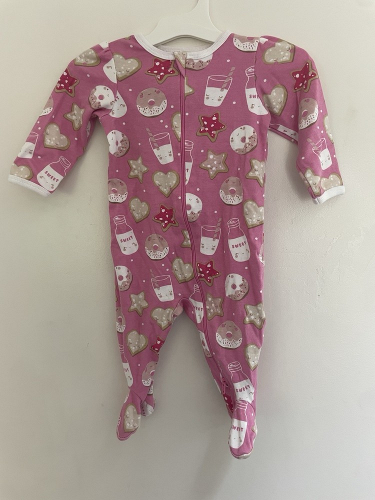 Wonder Nation Baby Girls 1-Piece Milk & Cookies Zip-Up Long Sleeve PJs Pink 3-6M