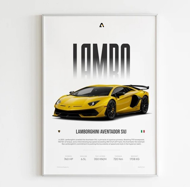 Lamborghini Aventador SVJ Supercar Art Print for Home Office Decor