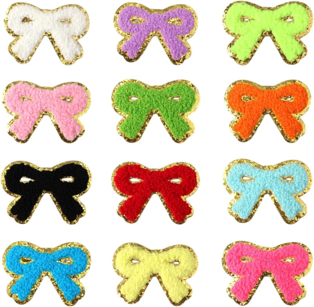 12 PCS Chenille Bow Iron On Patch Gold Edges Cute Sew On for DIY Projects
