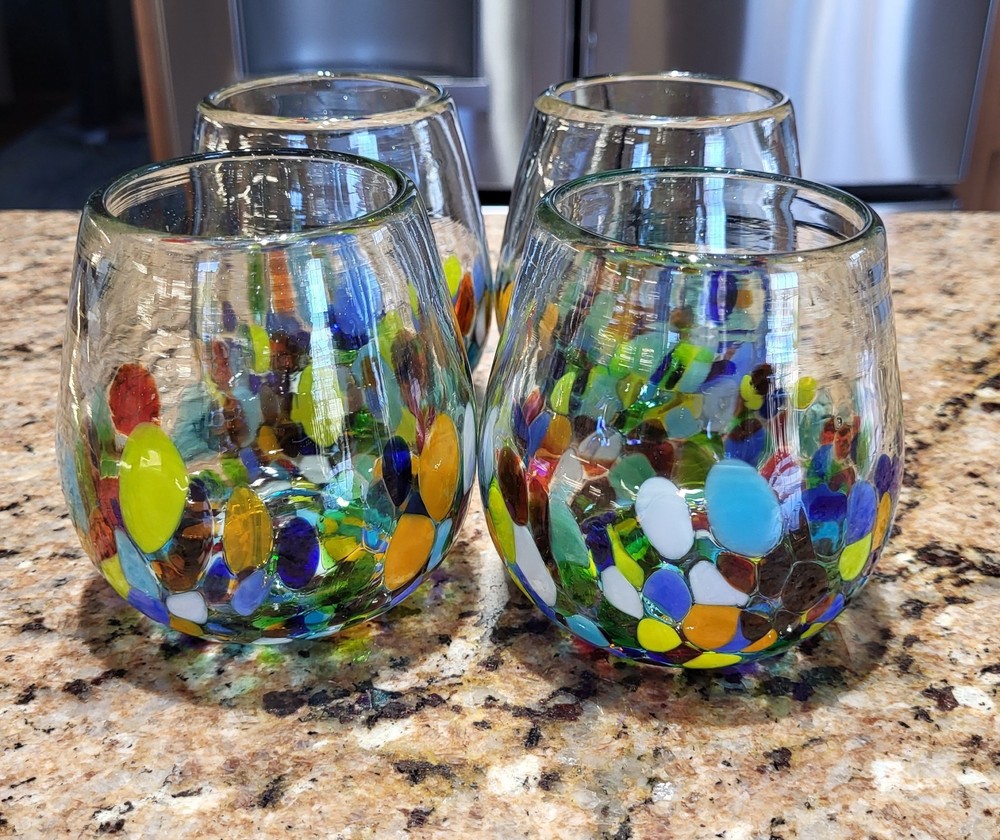 Colorful Hand-Blown Art Glass Stemless Wine Tumblers - Confetti Design  