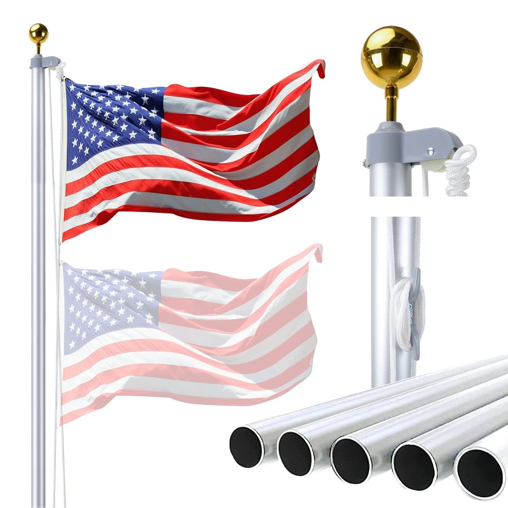 20FT Sectional Flag Pole Kit, Heavy Duty Aluminum Flag Poles for Outside In G...
