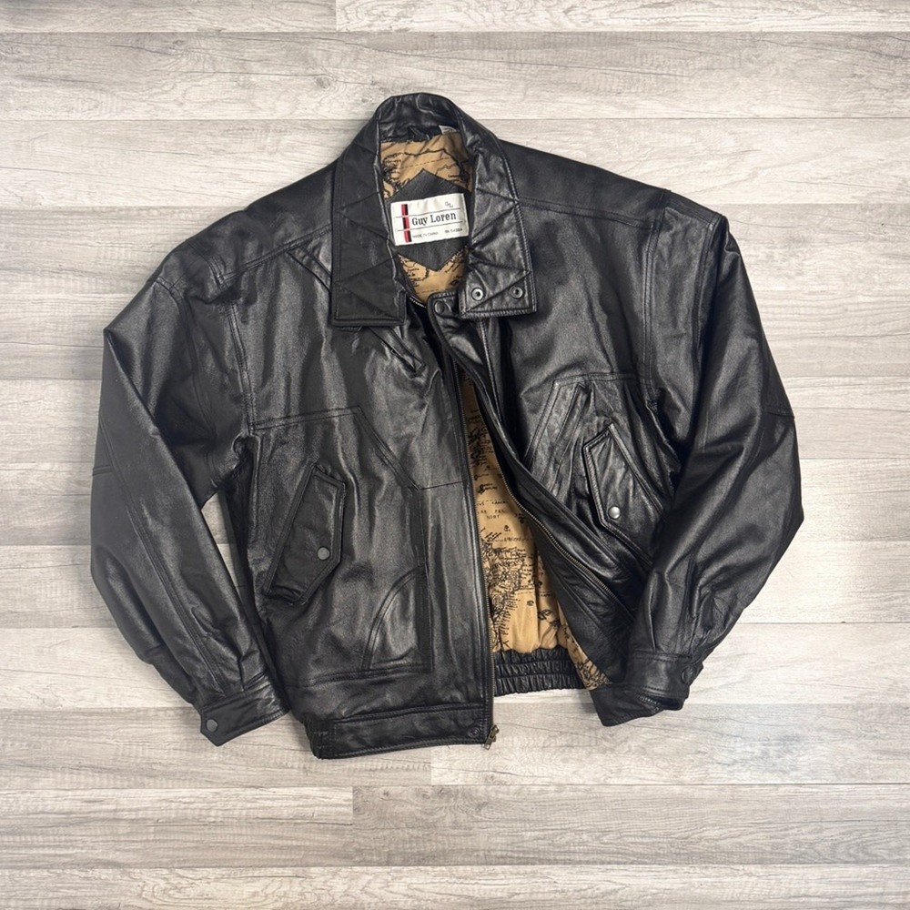 Vintage 90s Leather Bomber Jacket Size Large Black Aviator Style Guy Loren