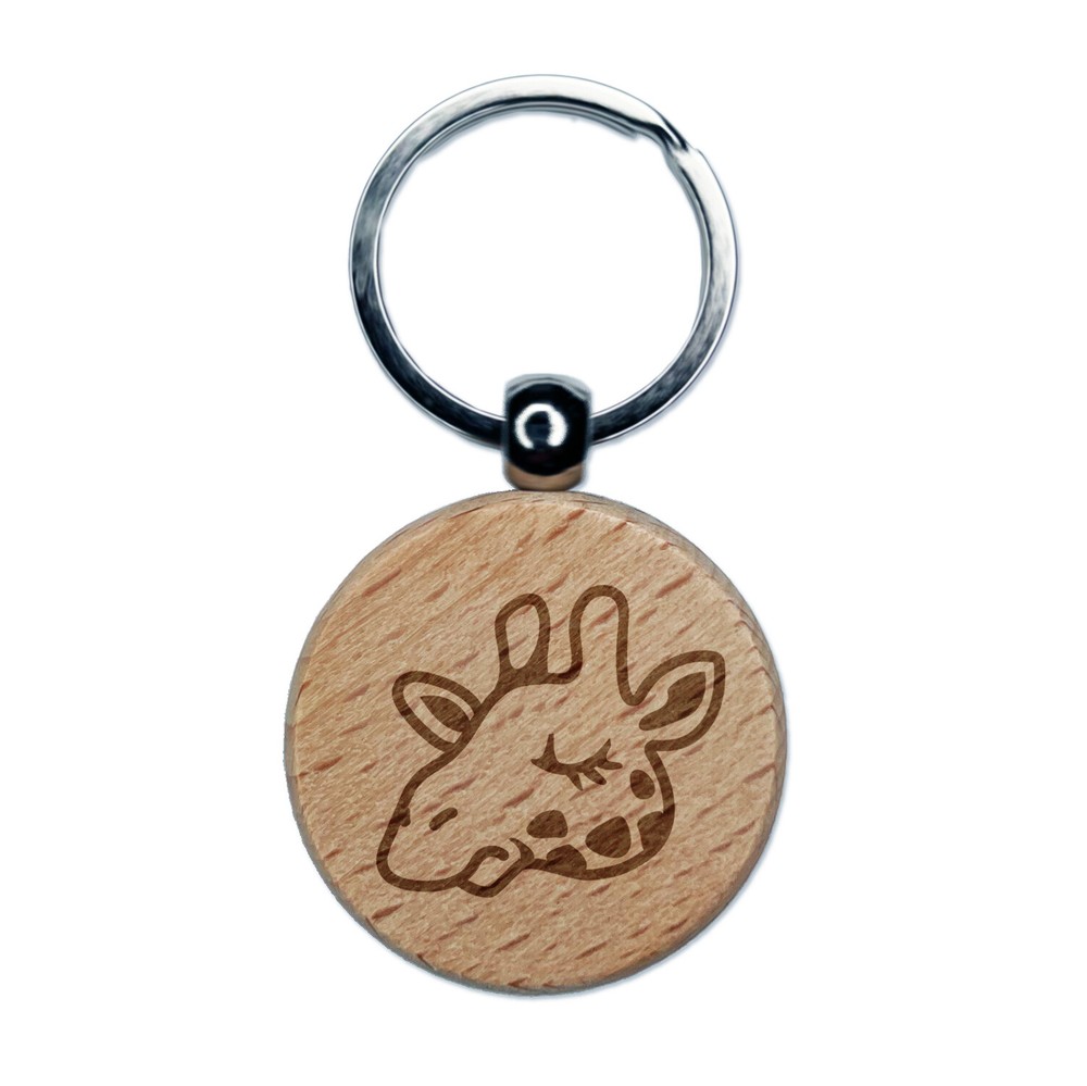 Sleepy Giraffe Head Engraved Wood Round Keychain Tag Charm