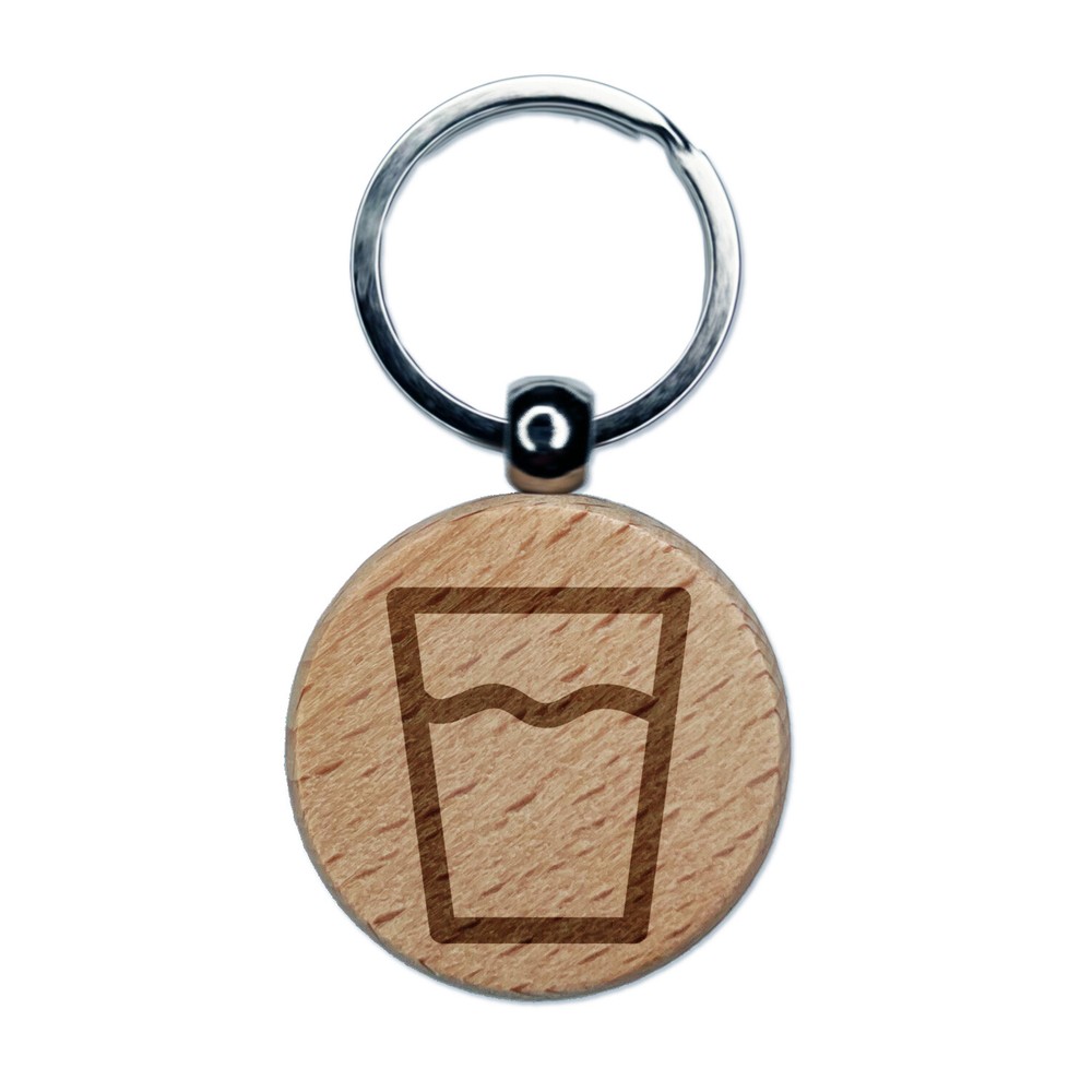 Water Glass Cup Engraved Wood Round Keychain Tag Charm