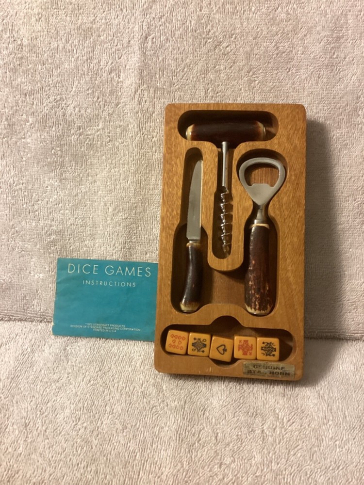 1972 Stancraft Wooden Dice Bar Games Set with Genuine Staghorn Handles