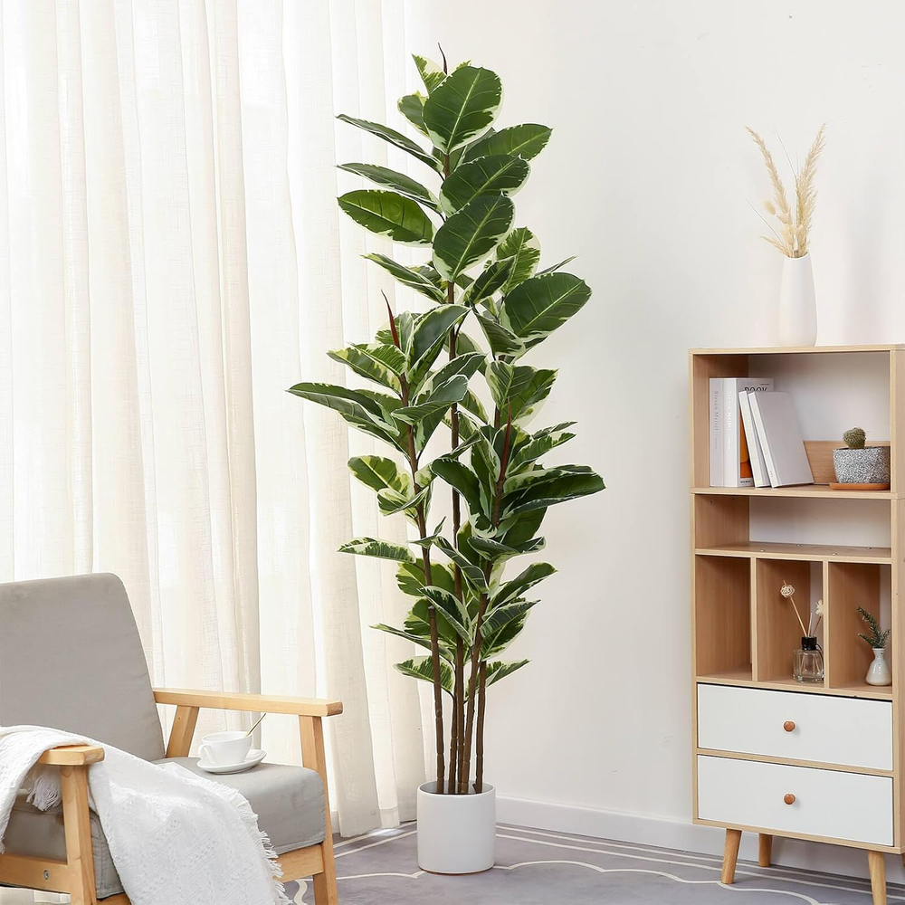 Artificial Rubber Tree Plant 6Ft Tall Faux Ficus Tree Potted Fake Tropical Plant