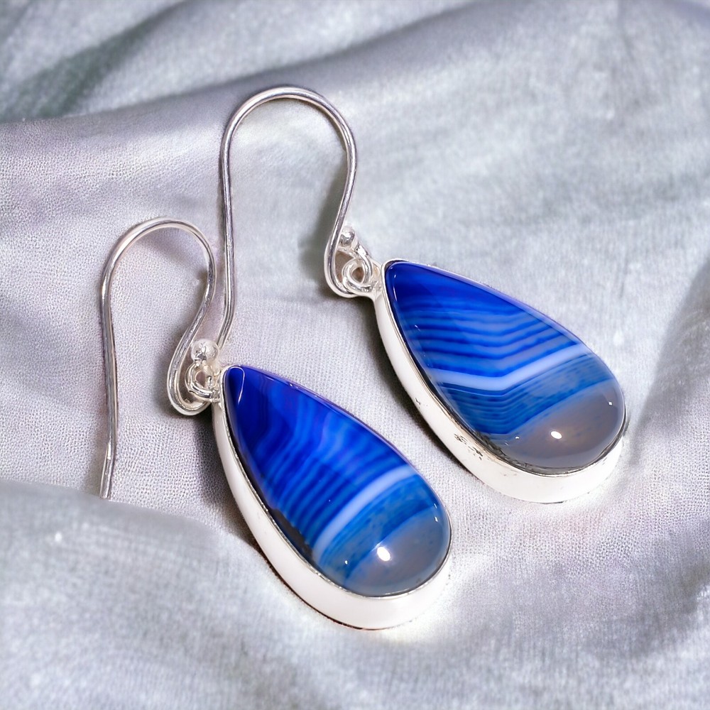 Elegant Blue Botswana Agate 925 Silver Dangle Earrings for Women