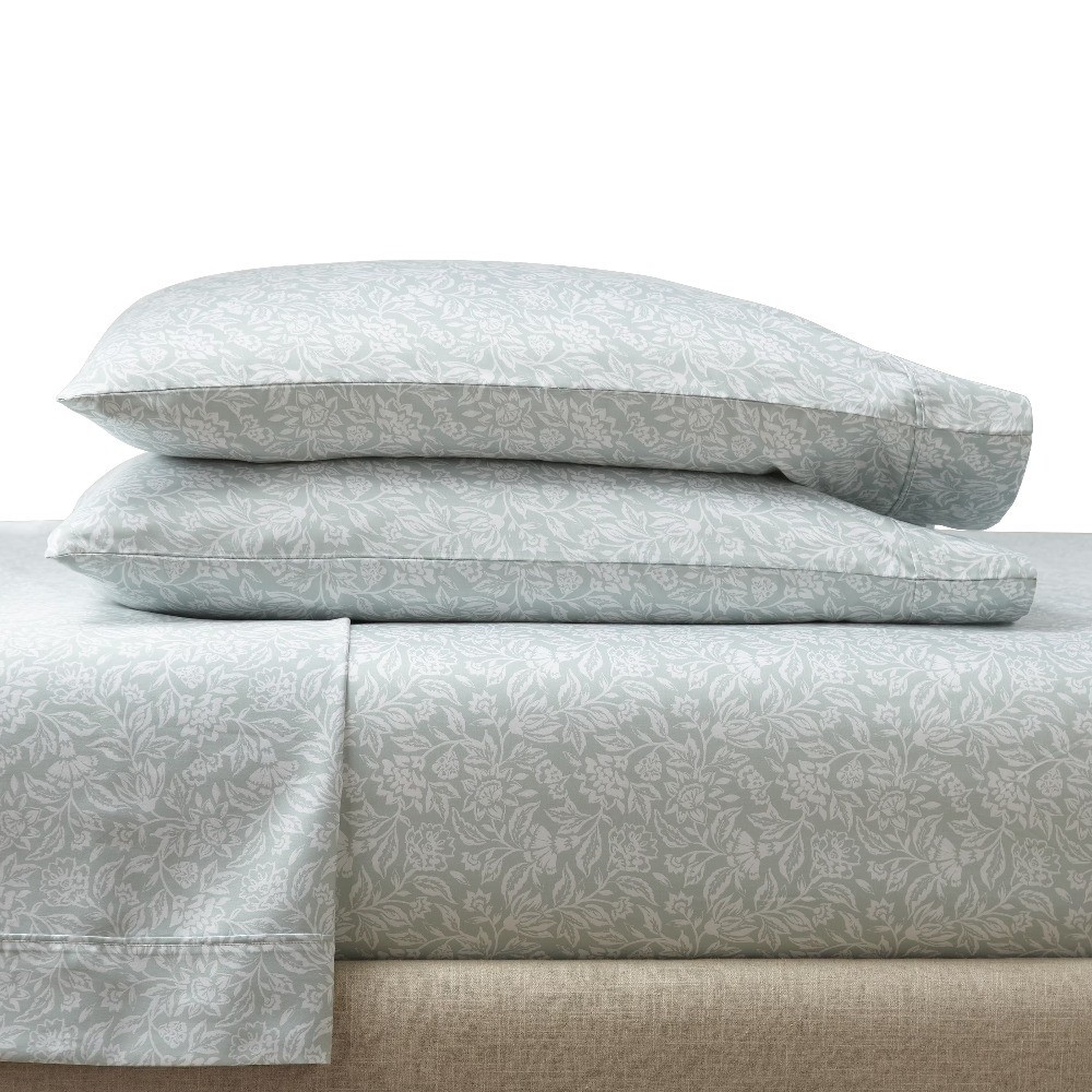 Twin Sheet Set 3-Piece Floral Print Sateen Weave 300 Thread Count Soft Sea