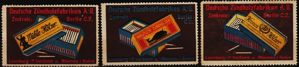 3 vintage Poster Stamps Matchstick Factory Berlin, Lucian Bernhard  /1112