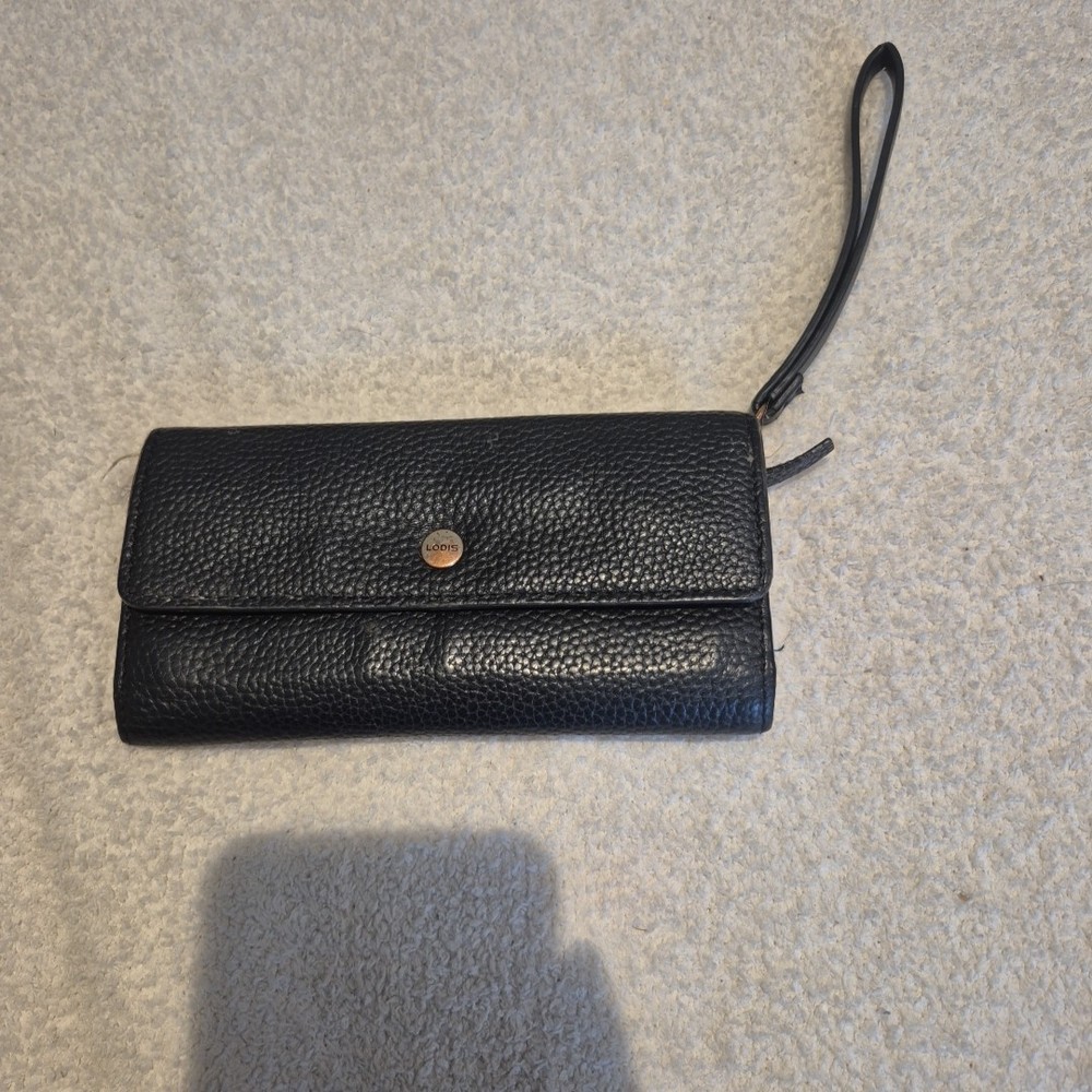 Lodis Leather wallet Black Gold Snap and lining Slip pockets cards cash coins