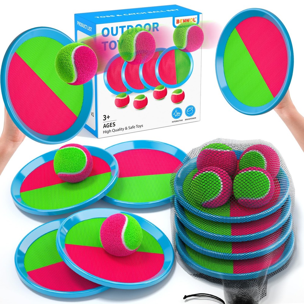 Toss and Catch Ball Game for Kids, 4 Paddles, 4 Balls & Storage Bag, Outdoor ...