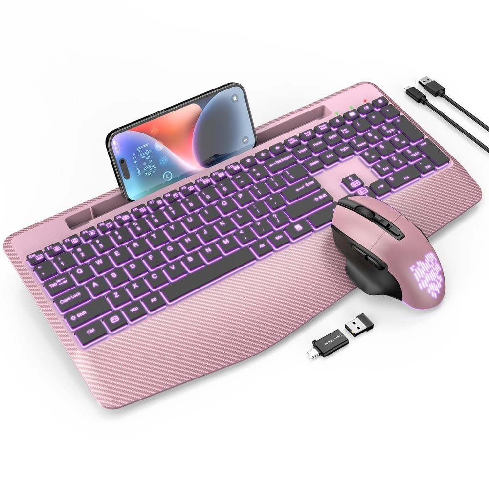 Wireless Backlit Keyboard with Mouse Wrist Rest and Rechargeable Jiggler Feature