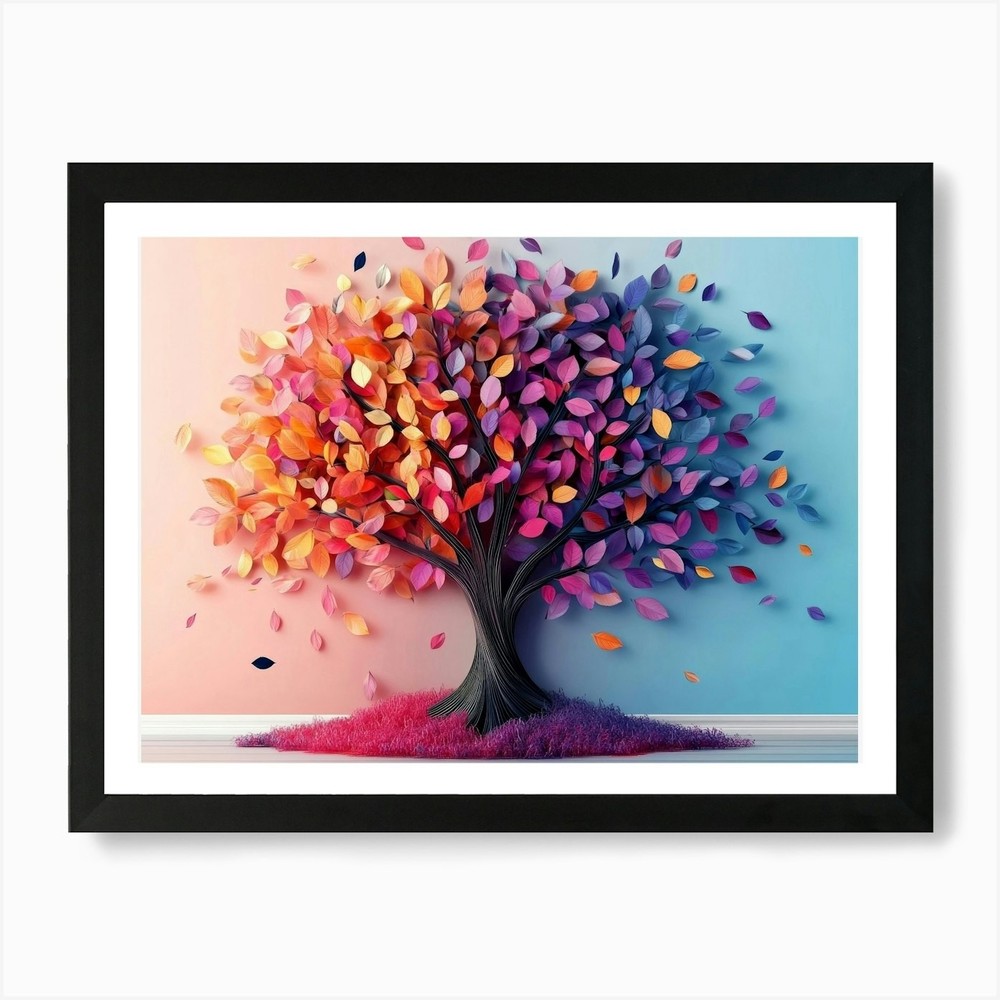 Colorful Tree with Multicolor Leave Framed Wall Art Poster Canvas Print Picture