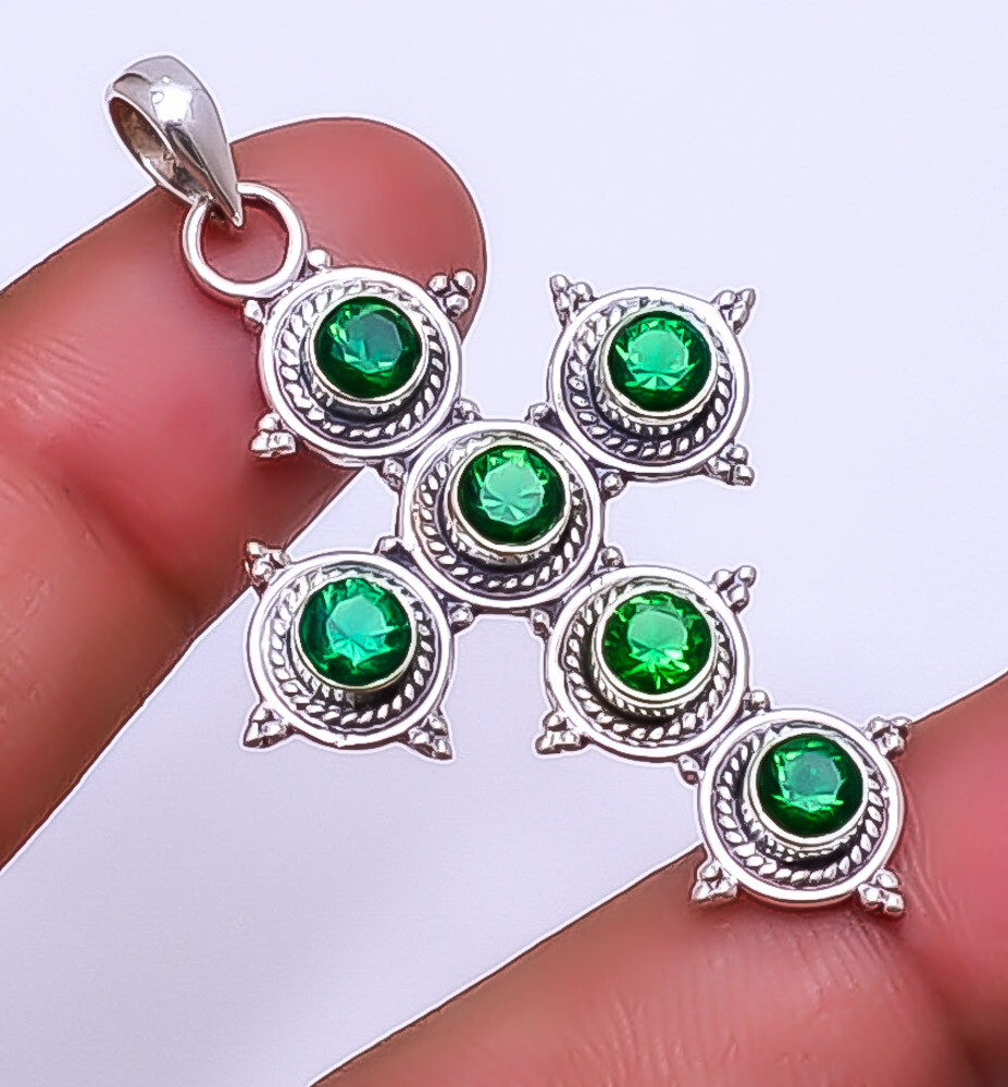 Emerald (Simulated) 925 Sterling Silver Holy Cross Pendant 2.11