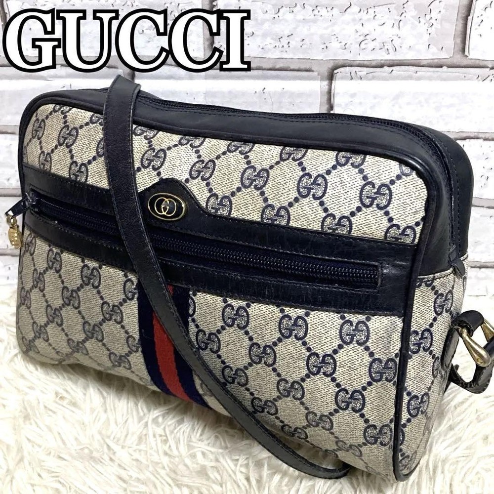Gucci Navy PVC Sherry Line Shoulder Bag 6.3x9.1x2.8 Inches Pre-Owned