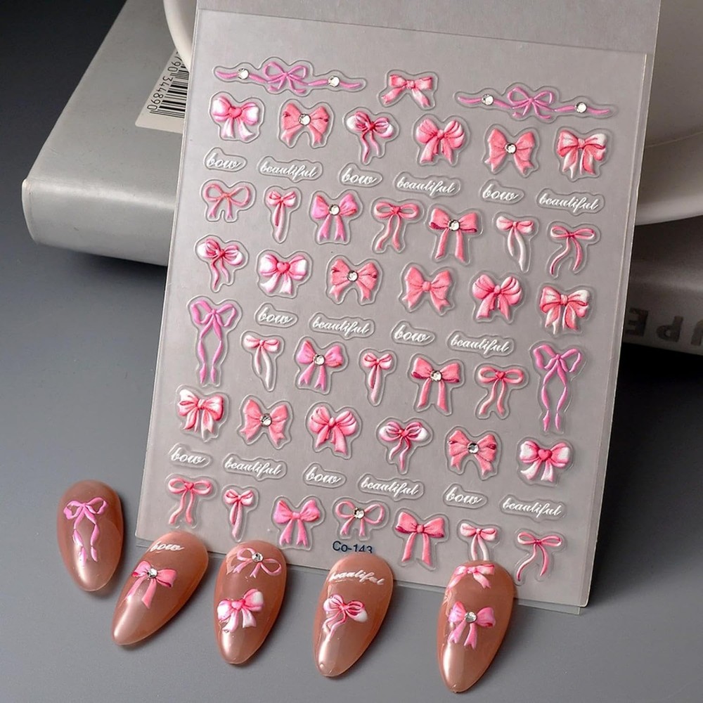 5D Embossed Bow Nail Stickers Pink Bowknot Nail Art Stickers with Rhinestone
