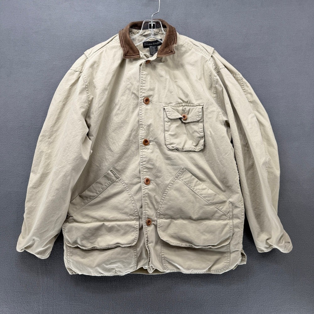 Chore Coat by Banana Republic Mens S Khaki Cotton Field Jacket Leather Collar
